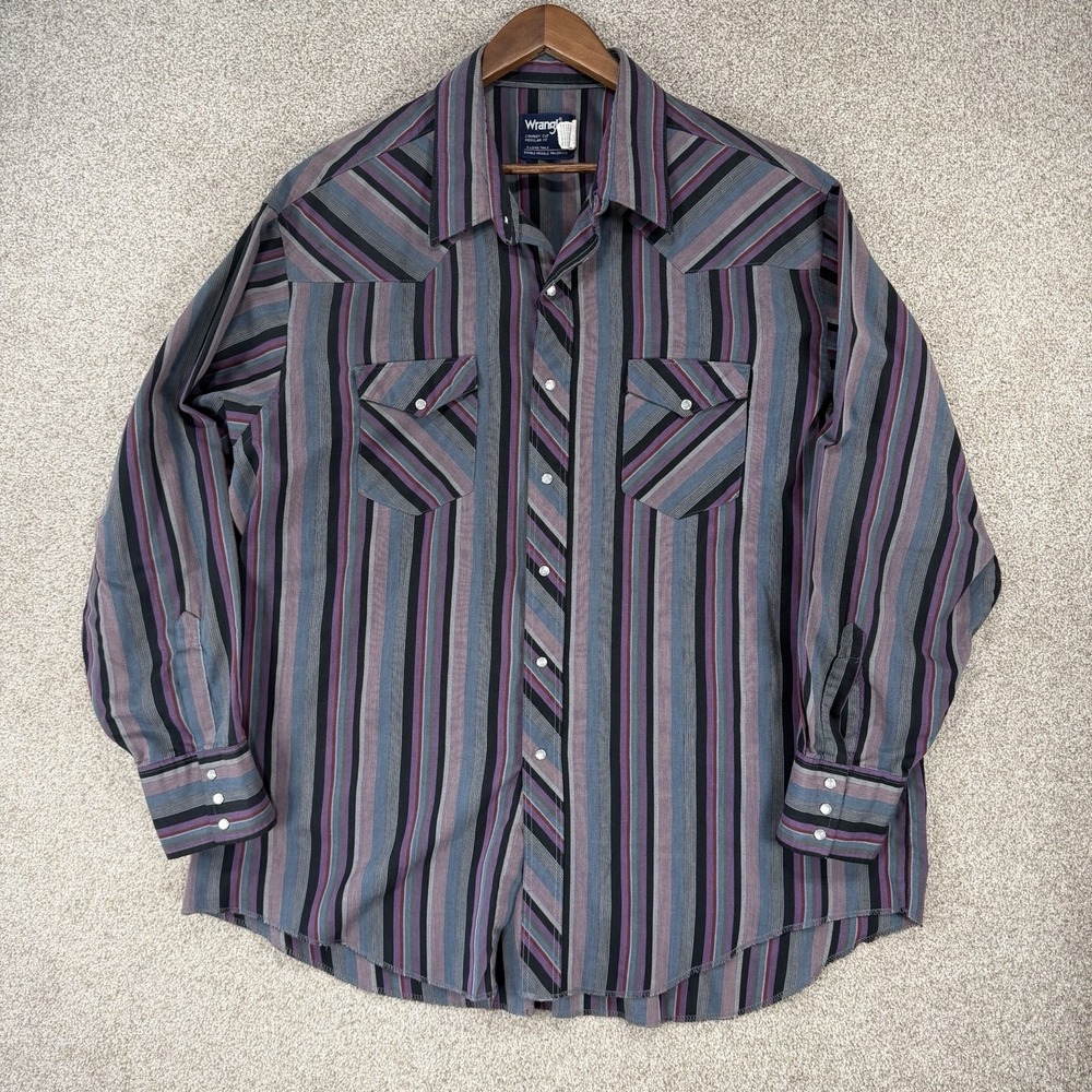 VTG 90s Wrangler Cowboy Cut Long Tail Shirt 2x? Sz 19x35 Purple Stripe Western‎